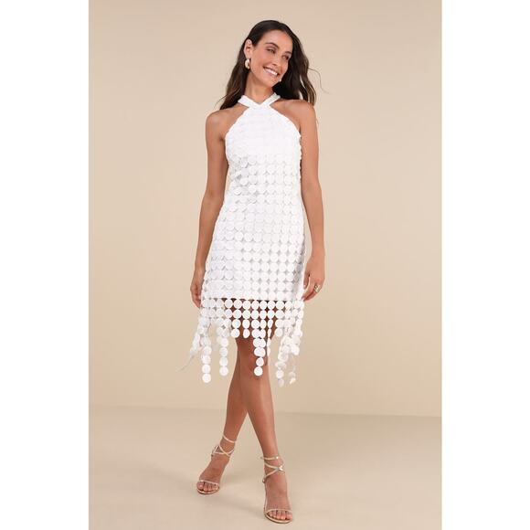 Lulus NWOT Flirtatious Fun White 3D Dot Halter Fringe Midi Dress Small - Picture 1 of 11